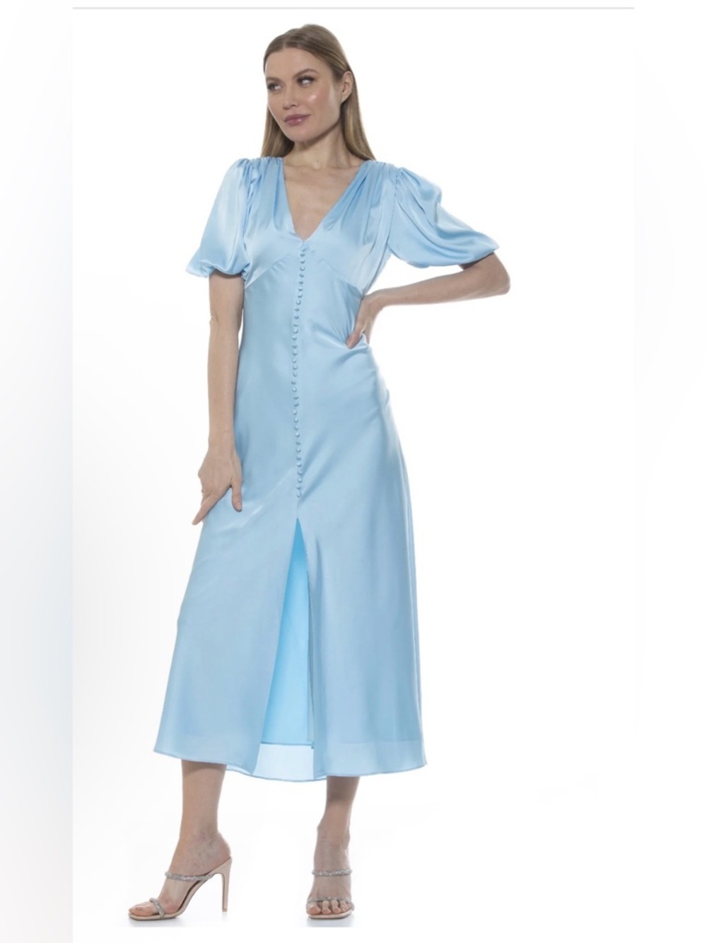 NWT Alexia Admor Lorlei Bubble Sleeve Light Blue V-Neck Midi Dress